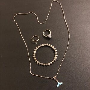 Silver Spike Bracelet Blue Whale Tail Pendant Necklace and 2 Rings Punk Jewelry